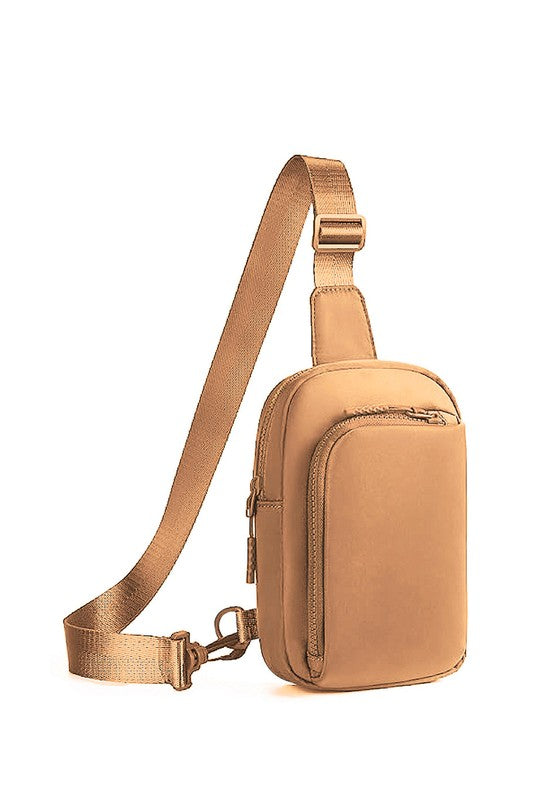 Shophouse Northwest nylon crossbody bag for women in tan with adjustable strap and zip pockets