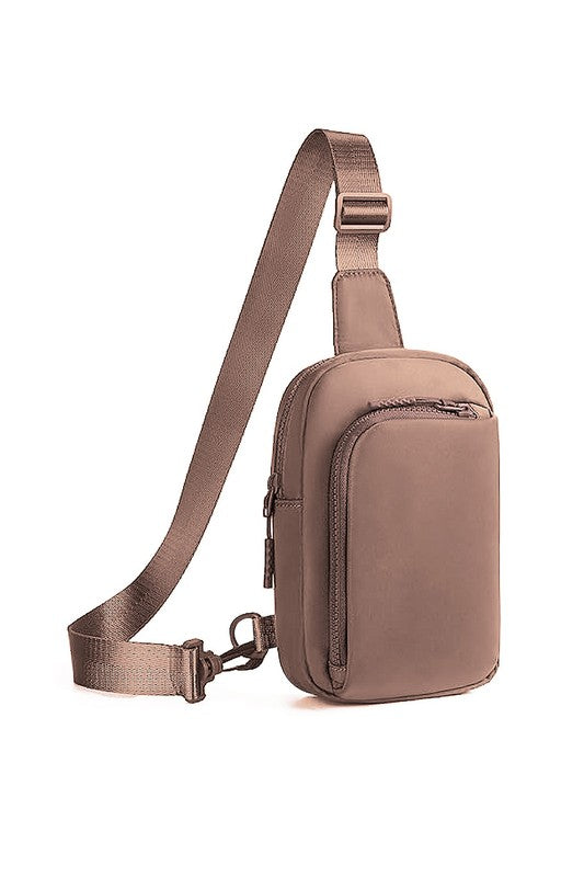 Shophouse Northwest nylon crossbody bag for women taupe compact sling with adjustable strap and zip pockets for daily carry