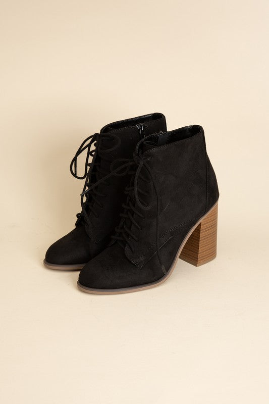 Shophouse Northwest black suede Lace Up Ankle Boots Block Heel with stacked wood heel and lace front