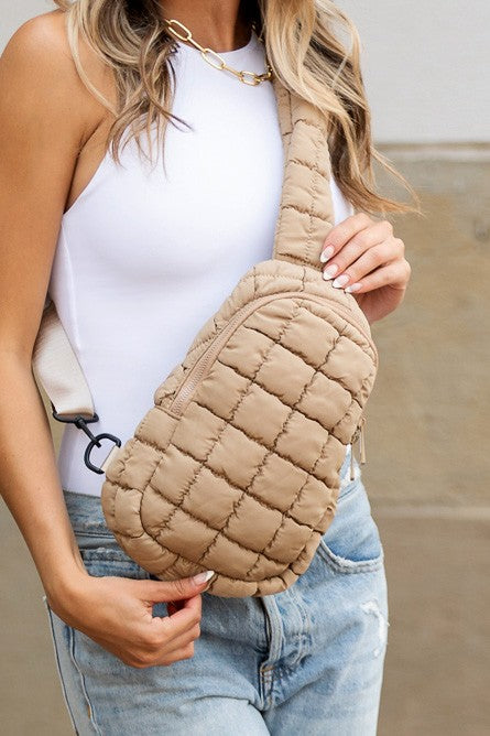 Shophouse Northwest Skyler puffer sling bag beige quilted crossbody with adjustable strap