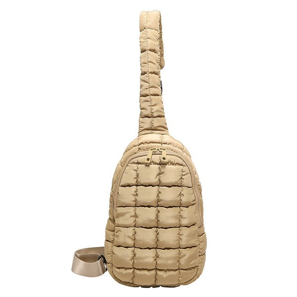 Skyler puffer sling bag beige quilted crossbody bag by Shophouse Northwest with padded strap and top zipper