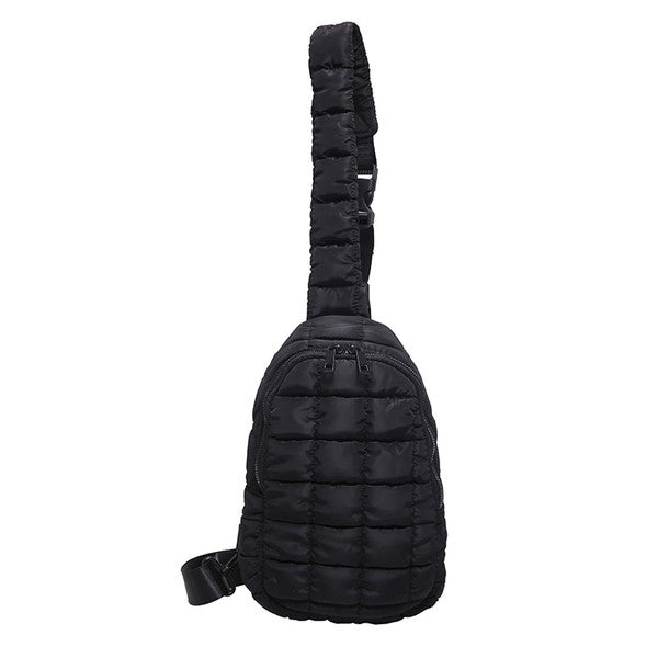 Skyler puffer sling bag by Shophouse Northwest black quilted crossbody bag with padded strap and front zip pocket