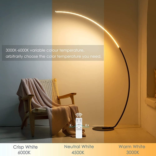 Modern curve floor lamp with adjustable color temperature and sleek design for contemporary living spaces