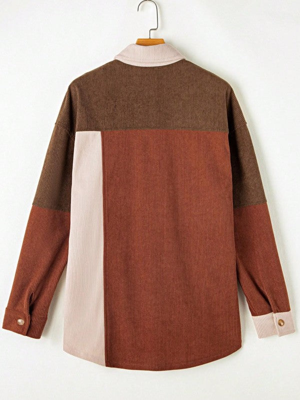 Shophouse Northwest corduroy boho patch shirt shacket back view brown rust and cream long sleeve colorblock jacket