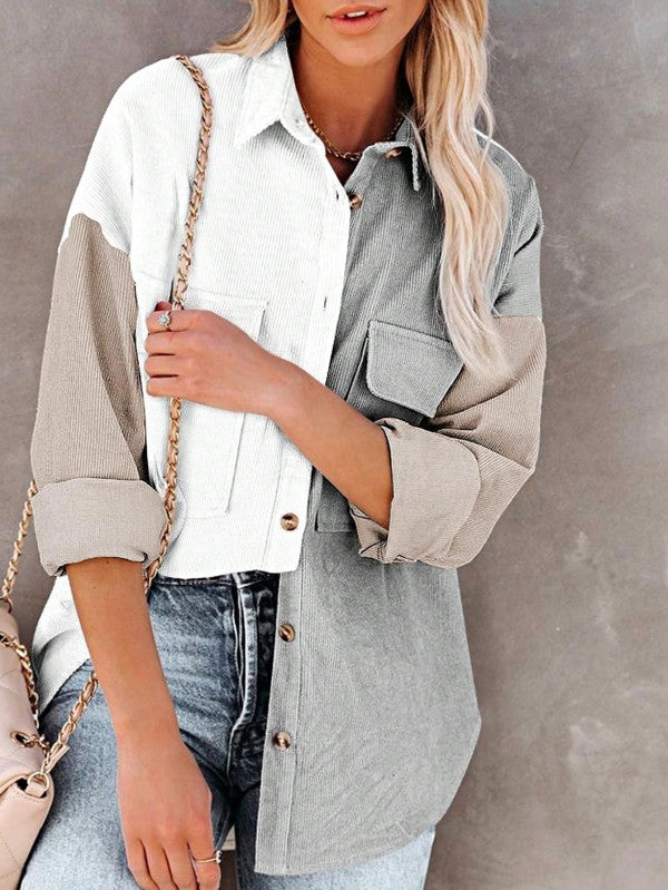 Shophouse Northwest corduroy boho patch shirt shacket colorblock neutral button front pocket rolled sleeves denim jeans crossbody