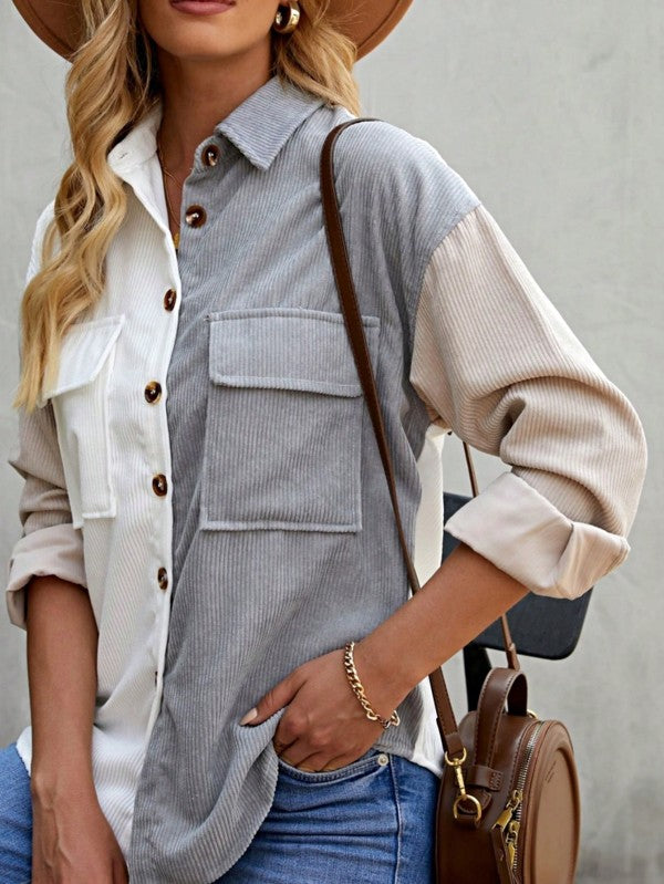 Shophouse Northwest corduroy boho patch shirt shacket neutral colorblock button down jacket with front pockets