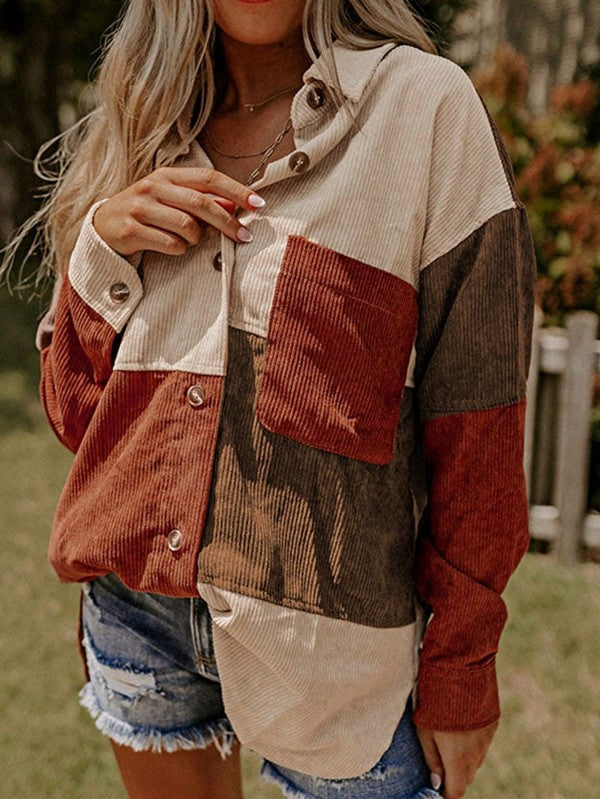Shophouse Northwest corduroy boho patch shirt shacket earth tone colorblock jacket with front buttons and chest pocket