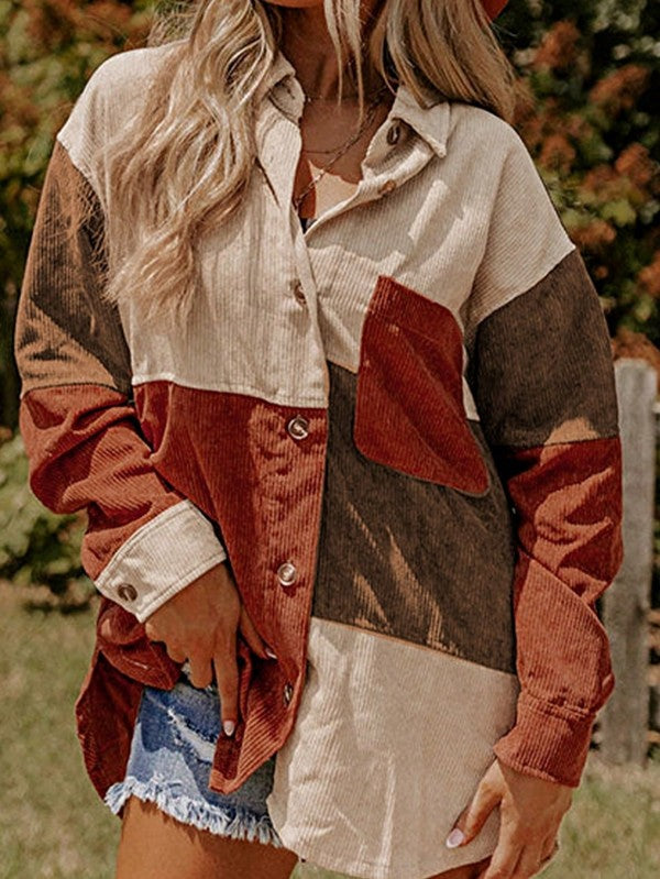 Shophouse Northwest corduroy boho patch shirt shacket in autumn patchwork tones with button front