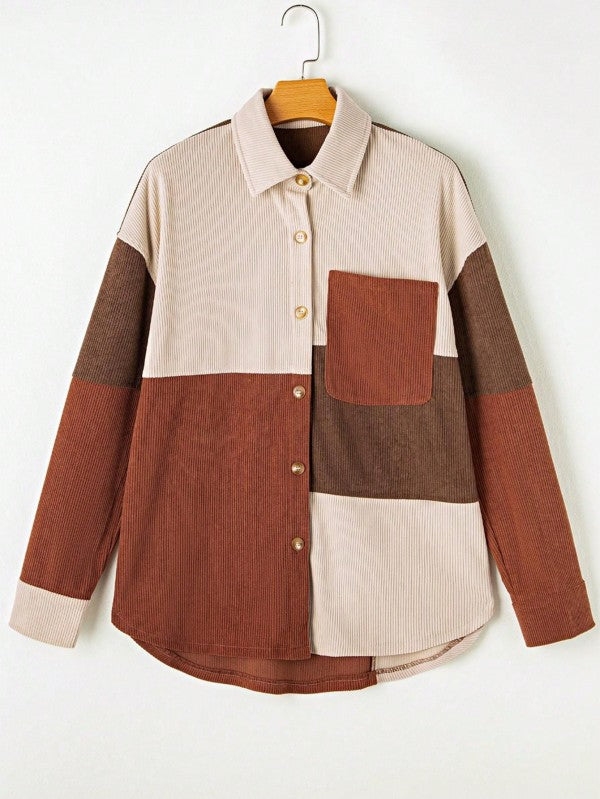 Shophouse Northwest corduroy boho patch shirt shacket in beige brown and rust colorblock corduroy jacket