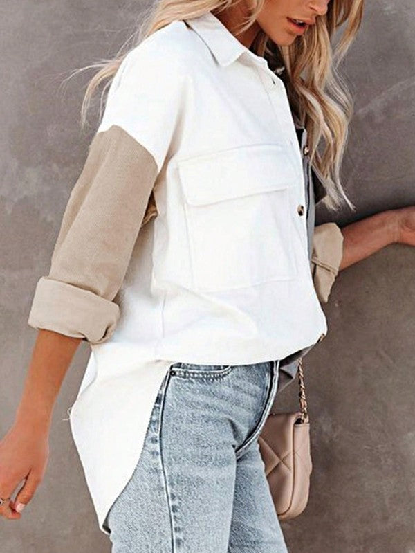 Shophouse Northwest corduroy boho patch shirt shacket white body with tan corduroy sleeves and front flap pockets