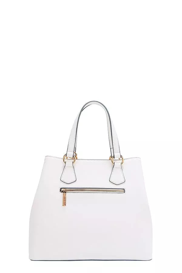 Trendy Nicole Lee USA monogram handbag in white with a stylish zipper pocket and dual handles