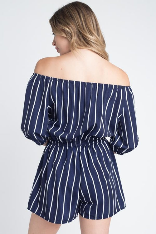 Off shoulder stripe romper for women in navy blue with white stripes and elastic waistband