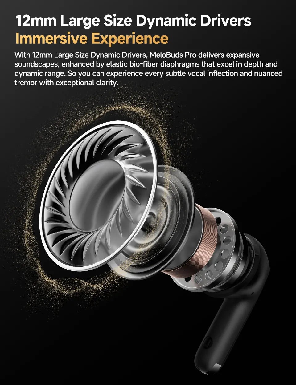 Exploded view of QCY MeloBuds Pro ANC earbuds showing 12mm dynamic driver and internal parts
