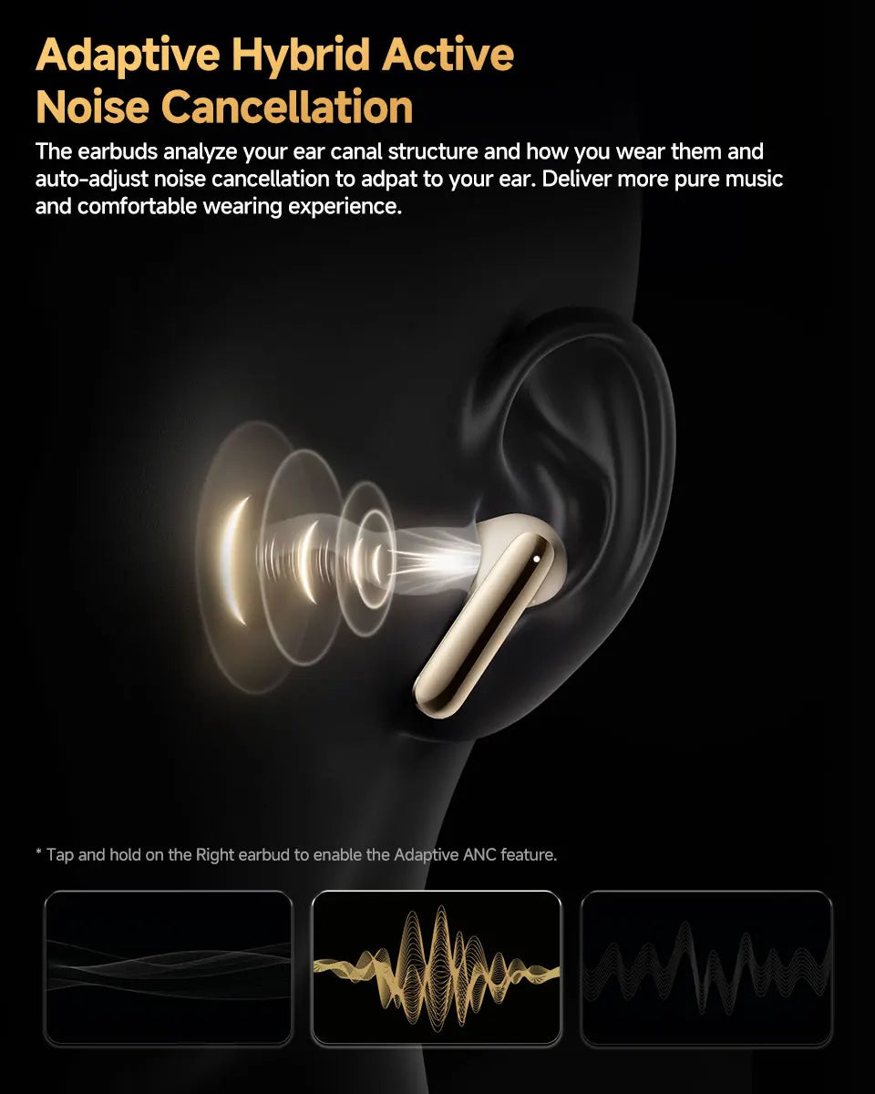 Shophouse Northwest gold earbud in ear with noise cancellation waves QCY MeloBuds Pro ANC earbuds