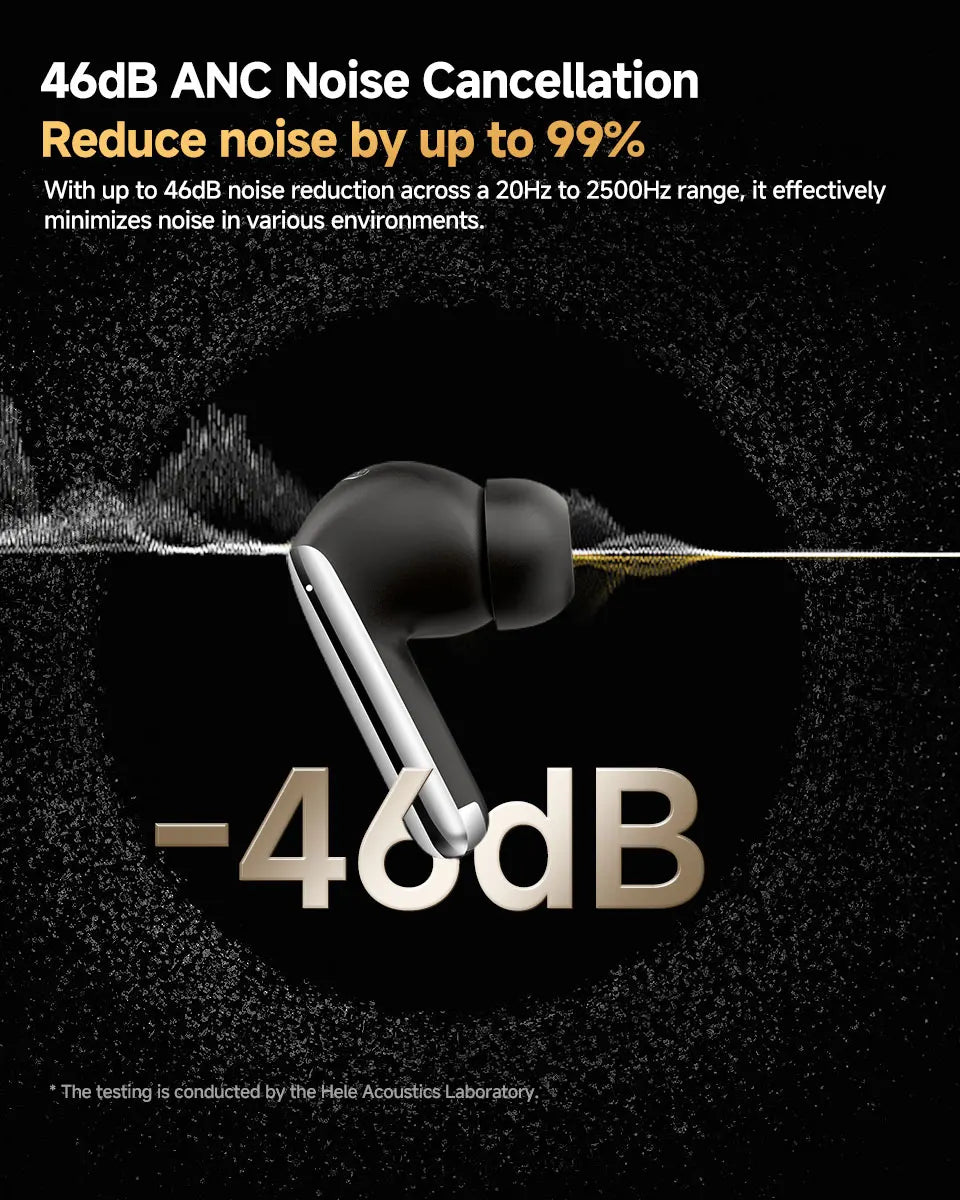 Shophouse Northwest QCY MeloBuds Pro ANC earbuds. Black wireless earbud with silver stem highlighting 46 dB ANC reduction
