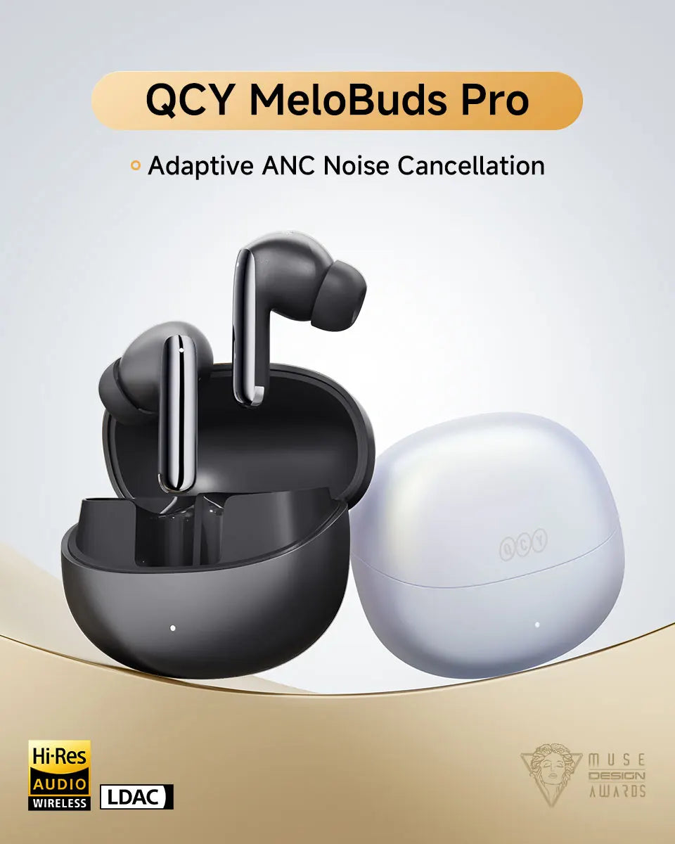 Shophouse Northwest QCY MeloBuds Pro ANC earbuds in black with open and closed charging cases