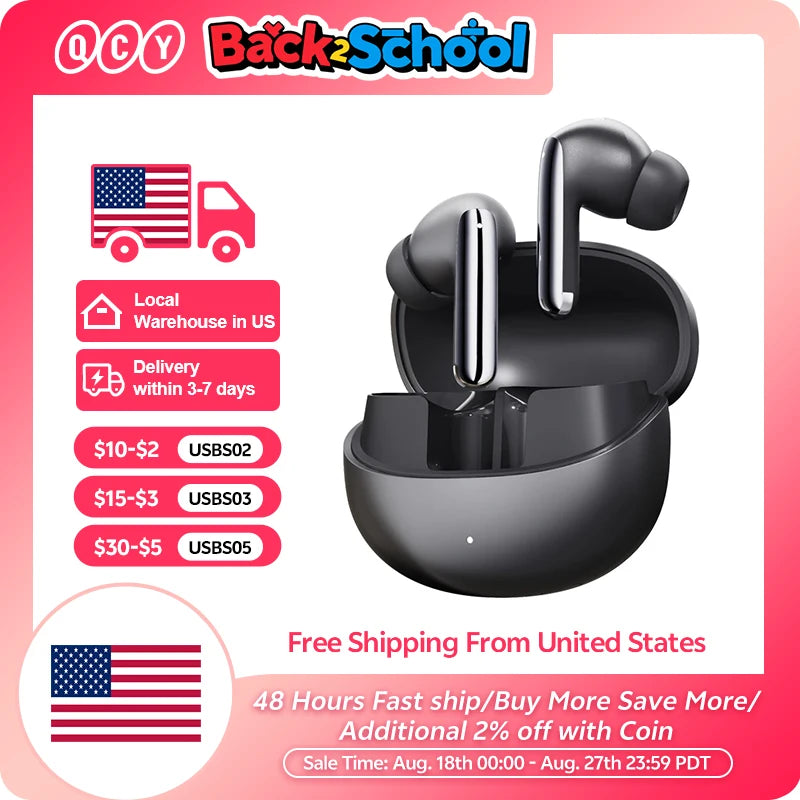 QCY MeloBuds Pro ANC earbuds black in open charging case with US free shipping badge