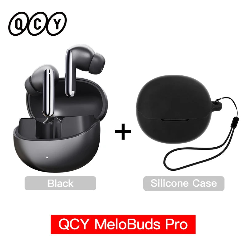 QCY MeloBuds Pro ANC earbuds in black with open charging case and matching black silicone protective case
