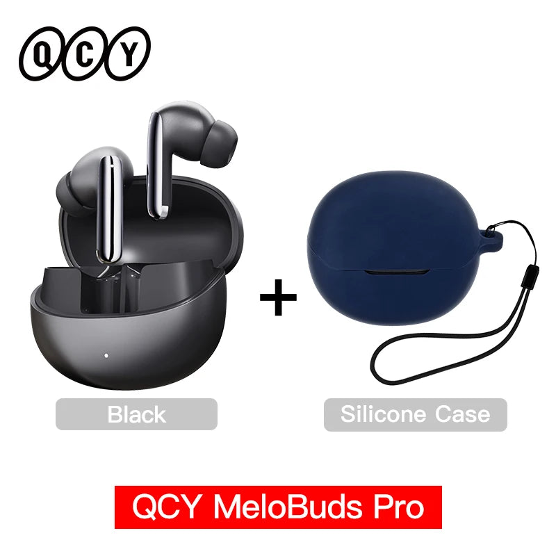 QCY MeloBuds Pro ANC earbuds black with open charging case and navy silicone protective case by Shophouse Northwest
