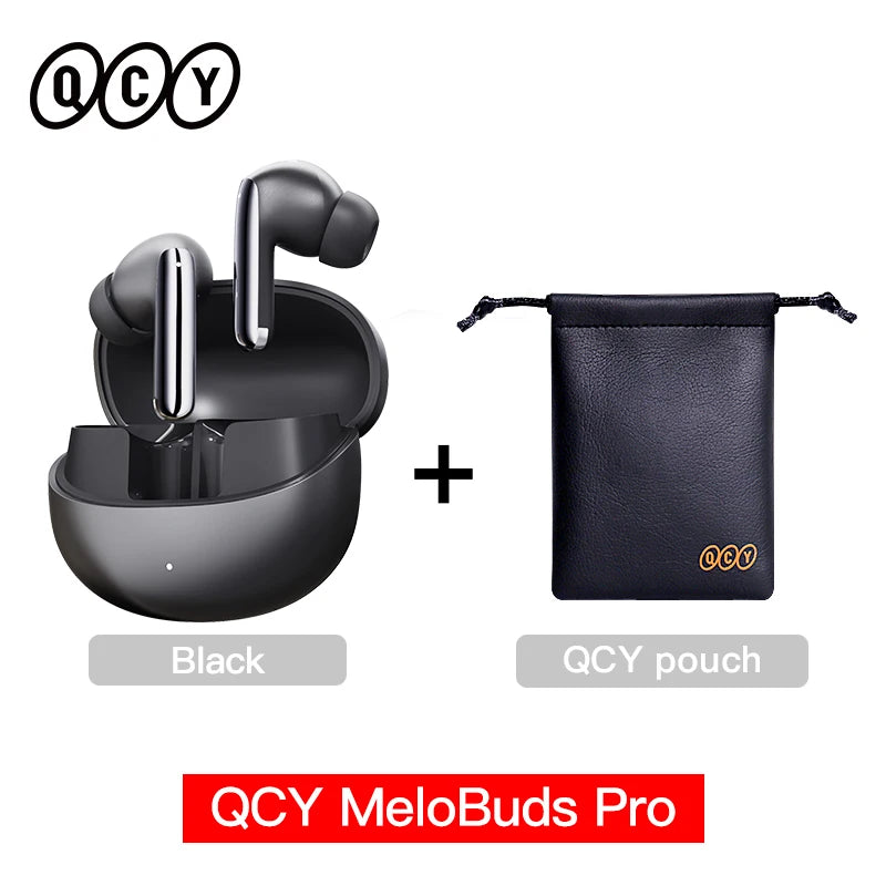 QCY MeloBuds Pro ANC earbuds in black with charging case and leather pouch by Shophouse Northwest
