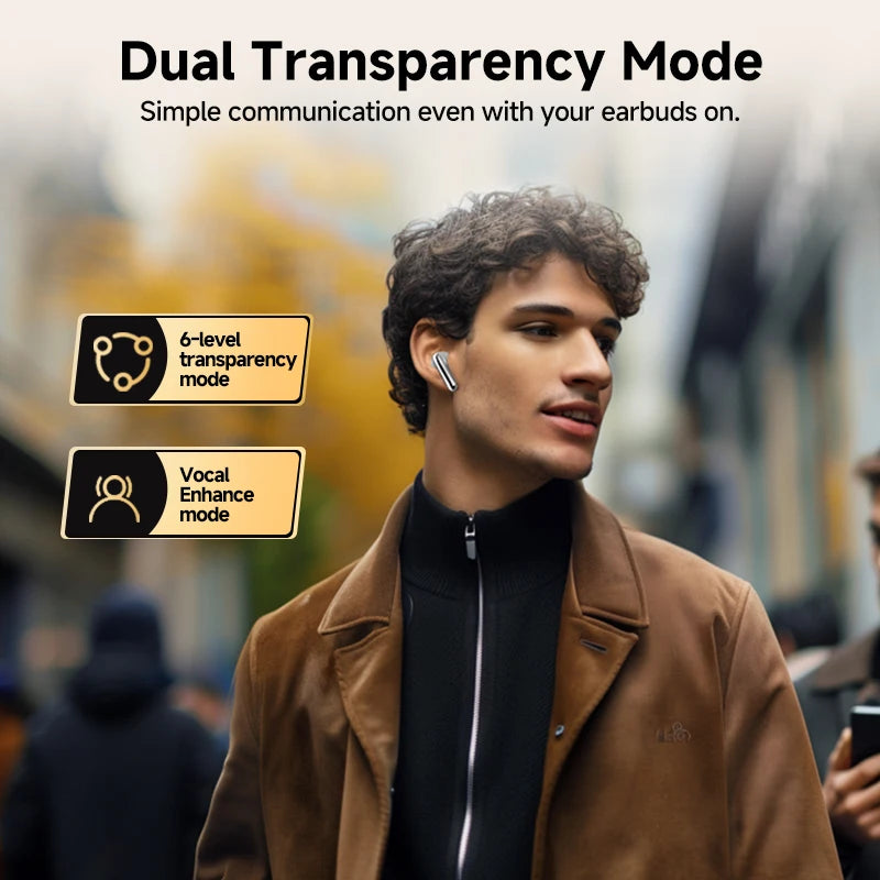 Man wearing QCY MeloBuds Pro ANC earbuds in city scene highlighting dual transparency and vocal enhance.