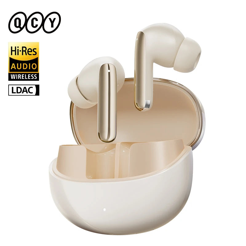 QCY MeloBuds Pro ANC earbuds beige wireless earbuds with charging case open Hi Res LDAC audio
