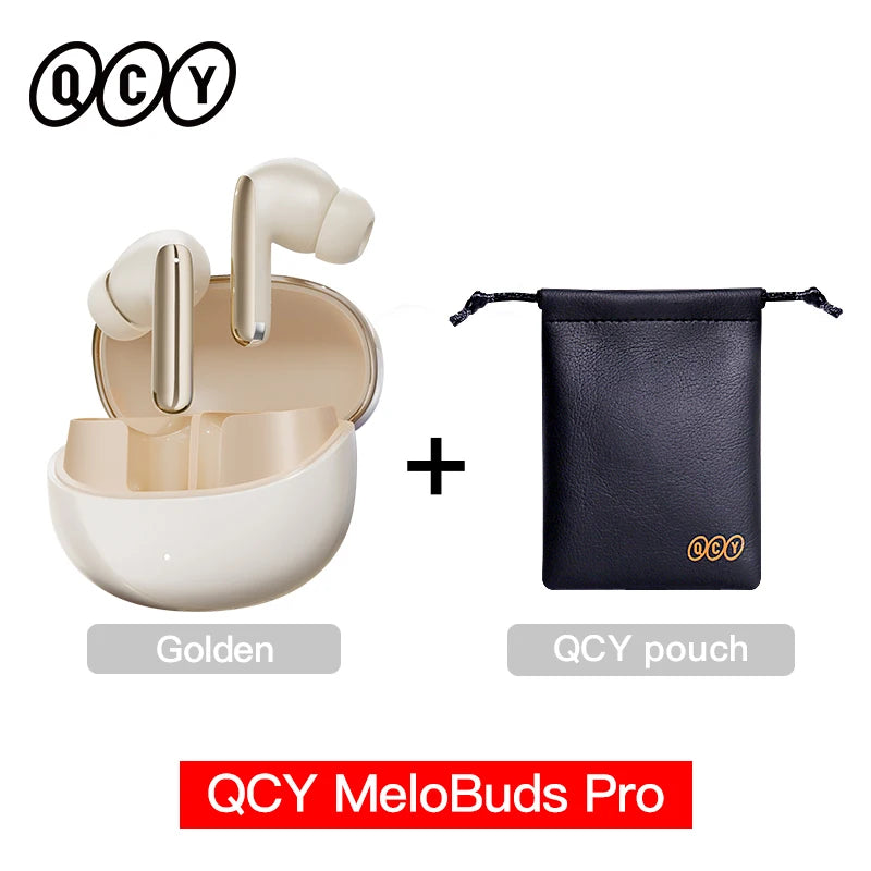 Shophouse Northwest golden QCY MeloBuds Pro ANC earbuds in open charging case with black QCY pouch
