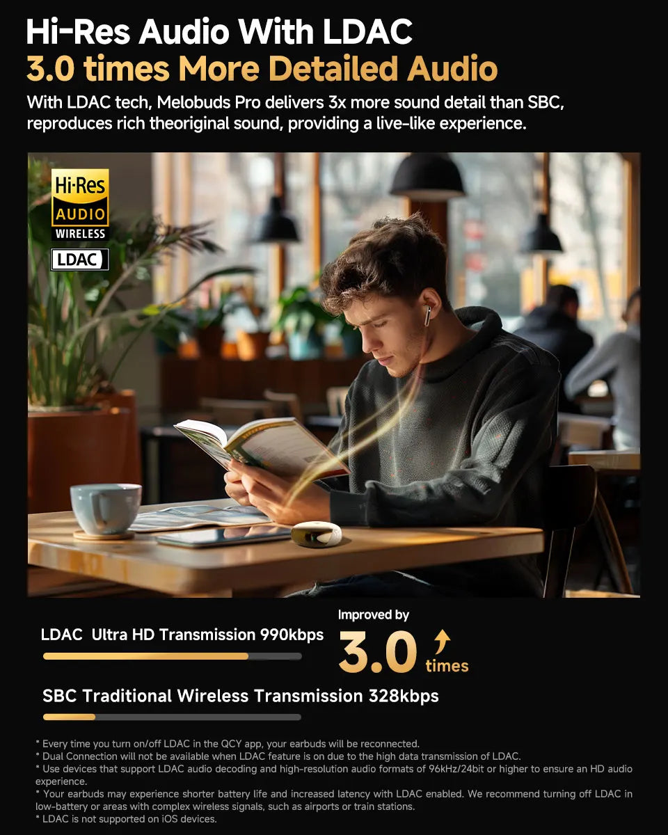 Young man studying in a cafe wearing QCY MeloBuds Pro ANC earbuds with charging case and coffee on table
