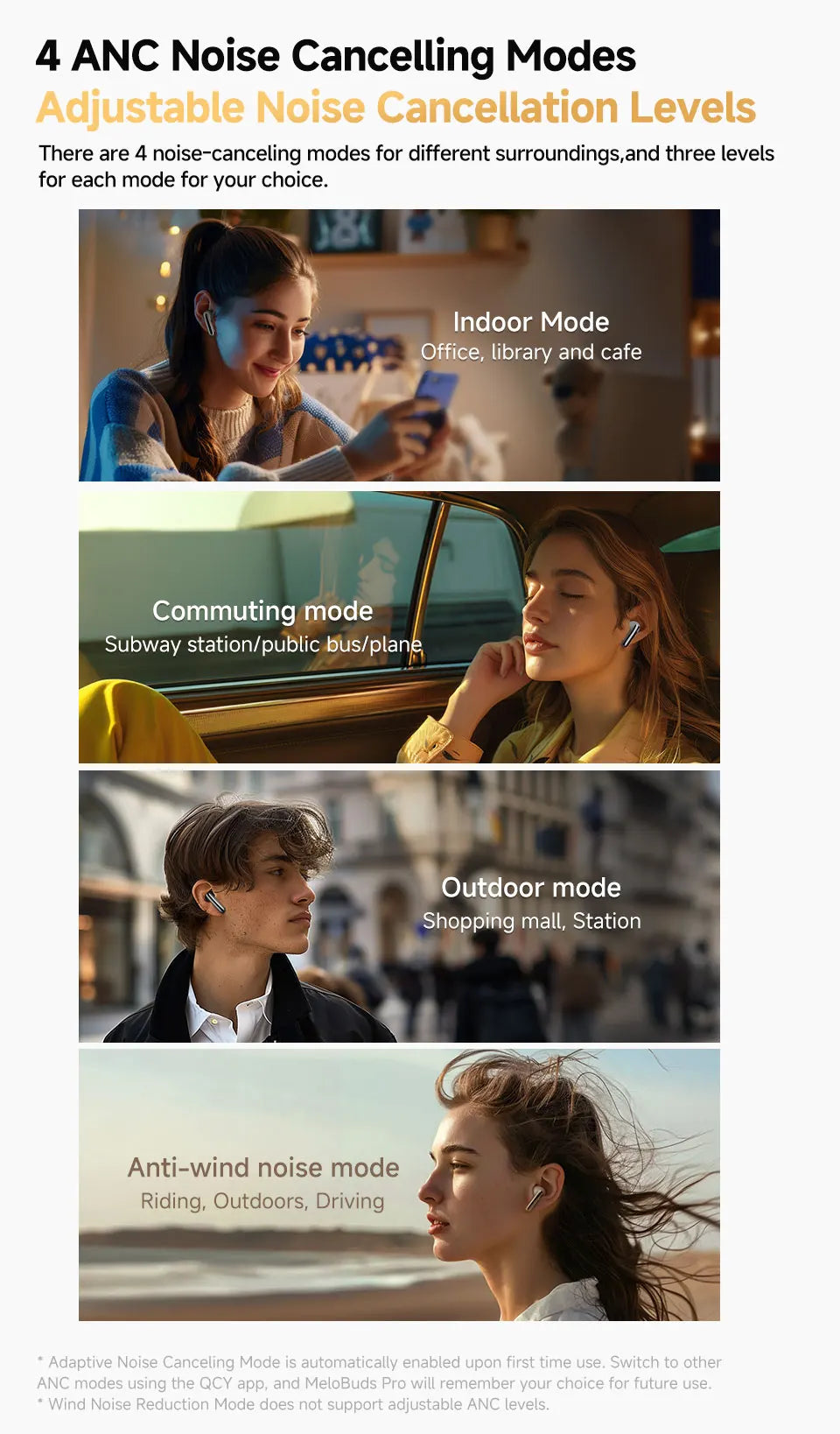QCY MeloBuds Pro ANC earbuds showing four ANC modes with people using earbuds indoors commuting outdoors