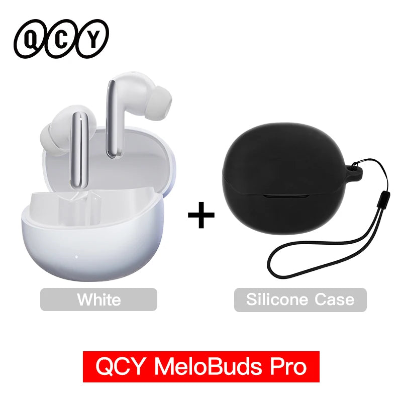 Shophouse Northwest QCY MeloBuds Pro ANC earbuds white open charging case with black silicone protective case