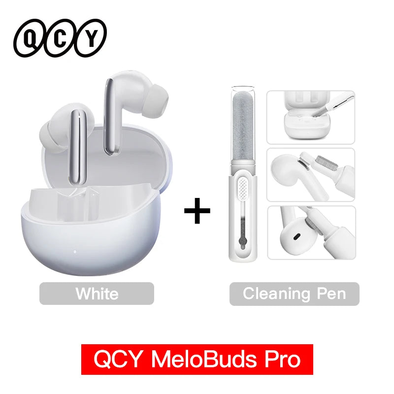 QCY MeloBuds Pro ANC earbuds in white with charging case and cleaning pen shown for Shophouse Northwest listing