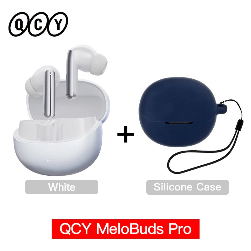 Shophouse Northwest QCY MeloBuds Pro ANC earbuds white charging case and navy silicone protective case
