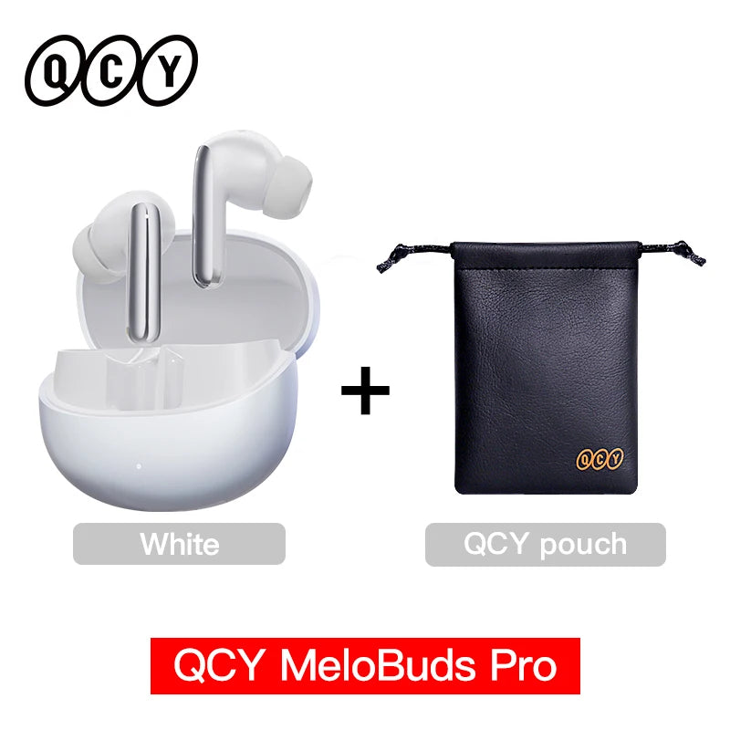 Shophouse Northwest white QCY MeloBuds Pro ANC earbuds in open charging case with black QCY pouch