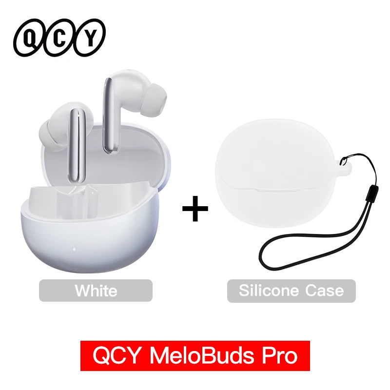 QCY MeloBuds Pro ANC earbuds white with charging case and white silicone protective case wrist strap