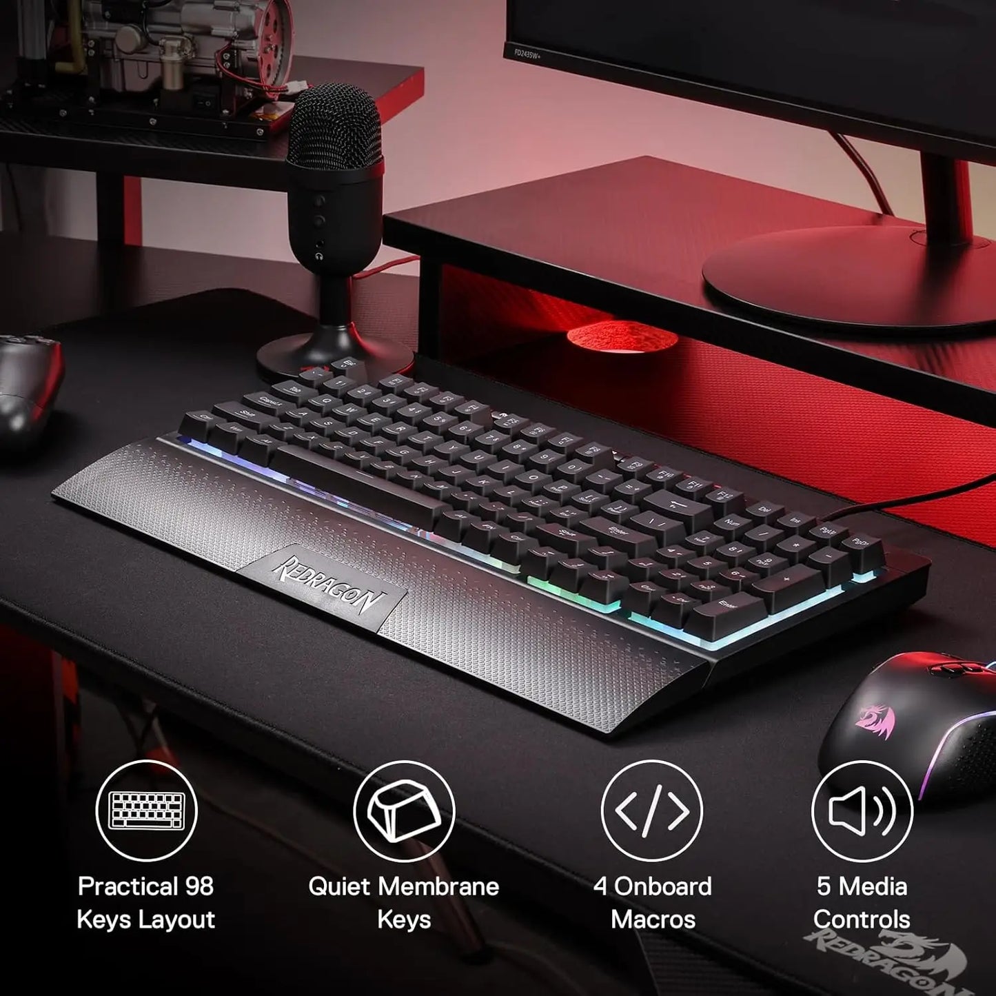 Redragon K515 Shiva gaming keyboard with RGB backlit quiet membrane keys and practical 98 keys layout on black desk