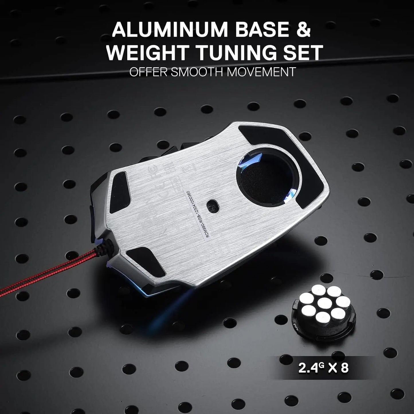 Shophouse Northwest Redragon M990 32000 DPI wired gaming mouse underside showing aluminum base and weight tuning set