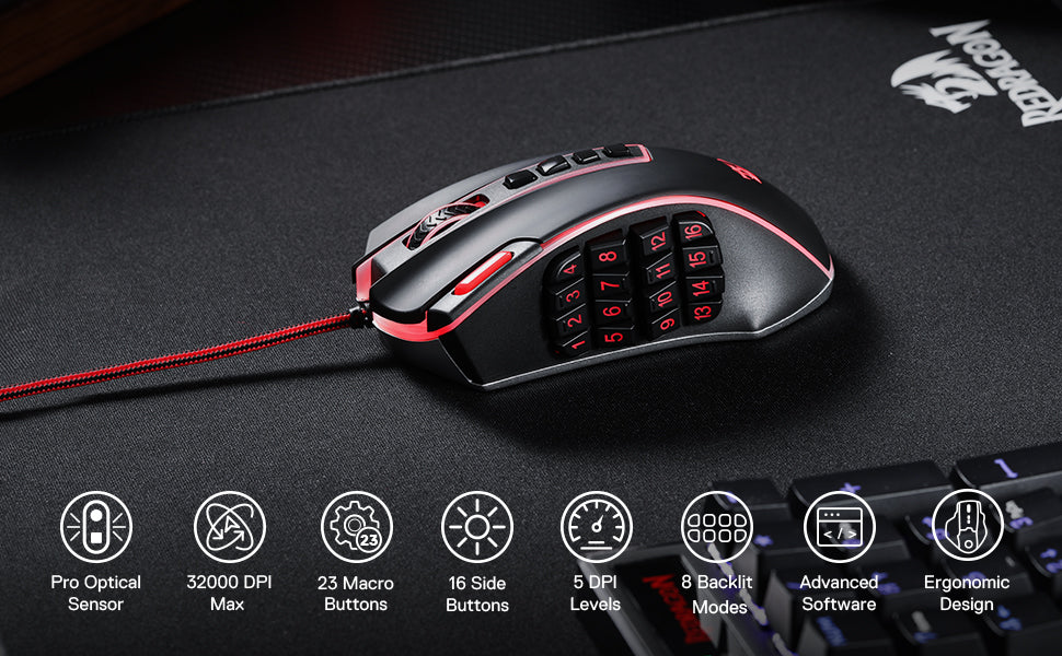 Shophouse Northwest Redragon M990 32000 DPI wired gaming mouse. Black red ergonomic RGB mouse with 16 side buttons