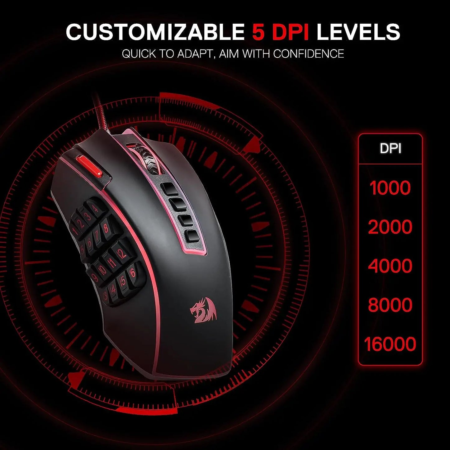 Shophouse Northwest Redragon M990 32000 DPI wired gaming mouse black with red accents 12 side macro buttons and DPI levels