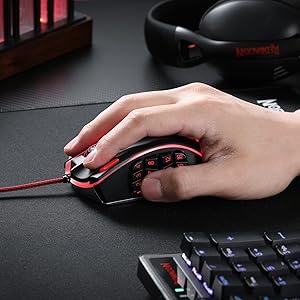 Shophouse Northwest Redragon M990 32000 DPI wired gaming mouse black and red with side buttons hand on mouse