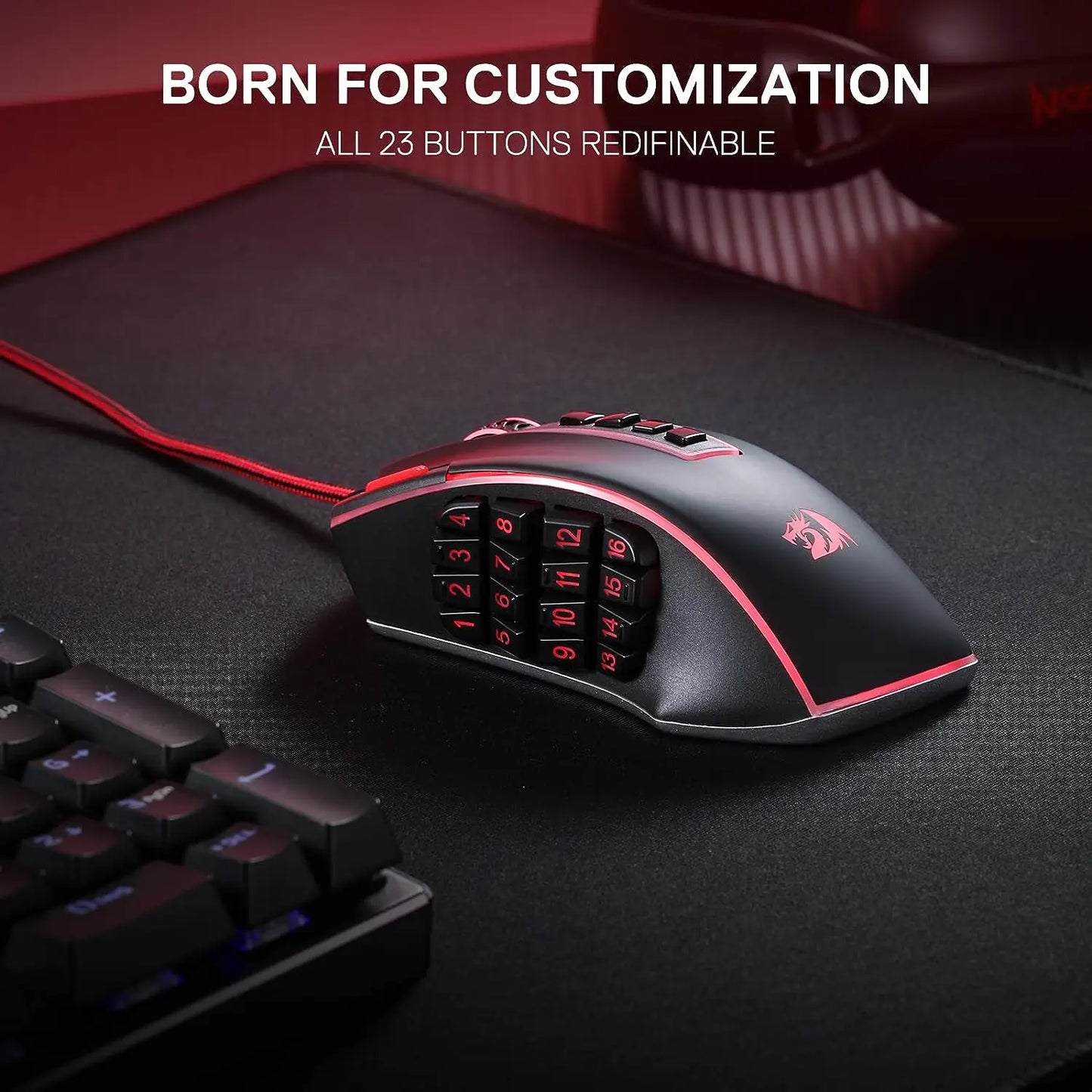 Shophouse Northwest Redragon M990 32000 DPI wired gaming mouse black with red accents 12 button side keypad