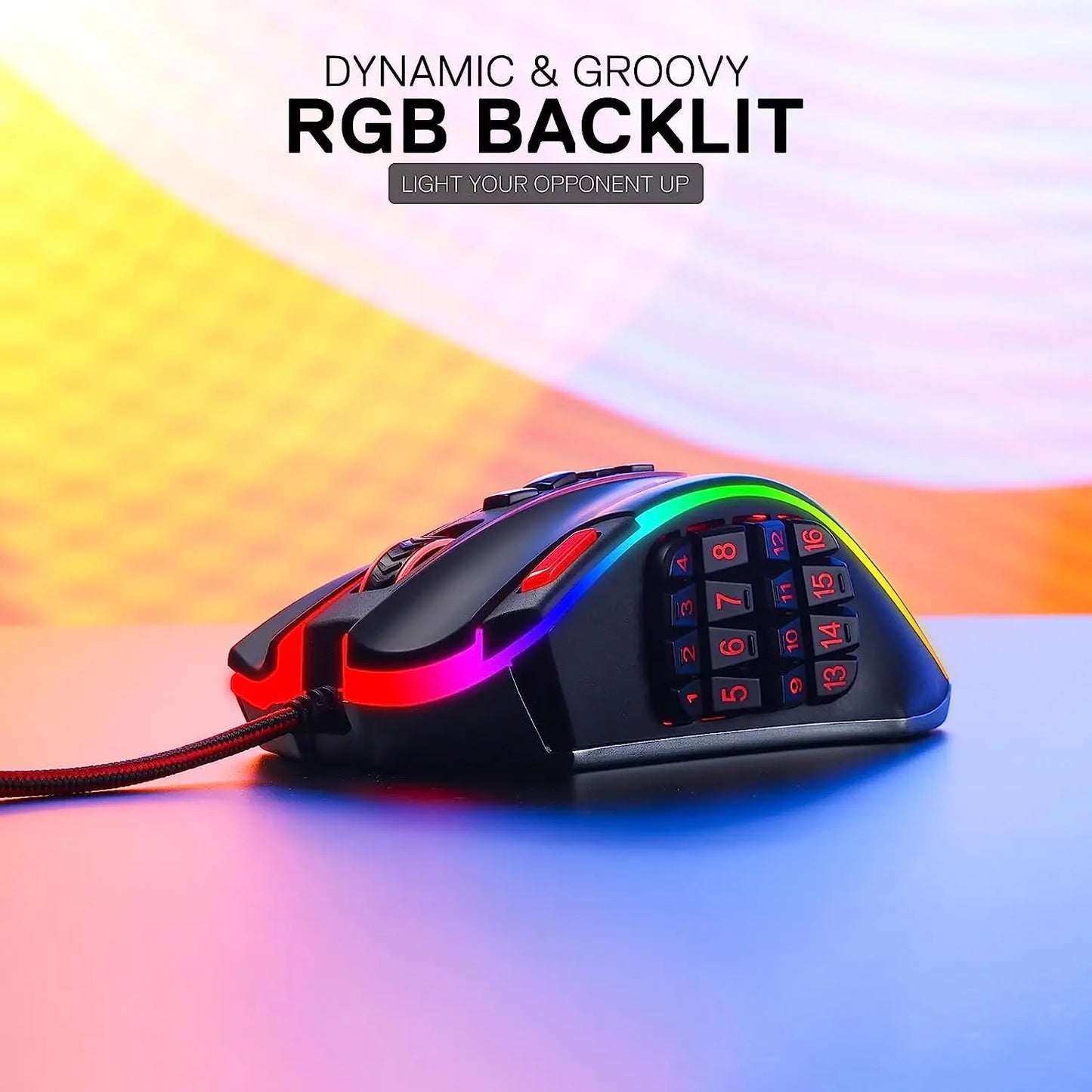 Redragon M990 32000 DPI wired gaming mouse black RGB backlit MMO mouse with 12 key side keypad and braided cable