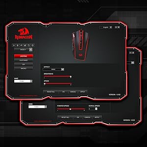 Redragon M990 32000 DPI wired gaming mouse software screenshot showing red black UI with mouse and DPI lighting controls