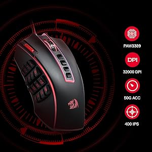 Redragon M990 32000 DPI wired gaming mouse black with red accents and 12 side macro buttons