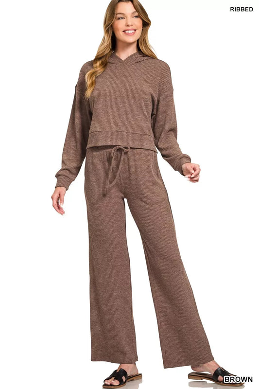 Trendsi ribbed drawstring lounge pants in brown with a relaxed fit for comfortable lounging