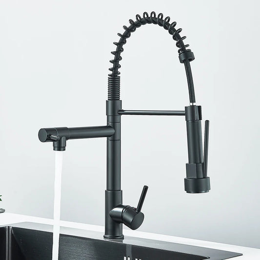 SUS 304 deck mounted kitchen faucet in black finish with pull-down spray head for versatile use
