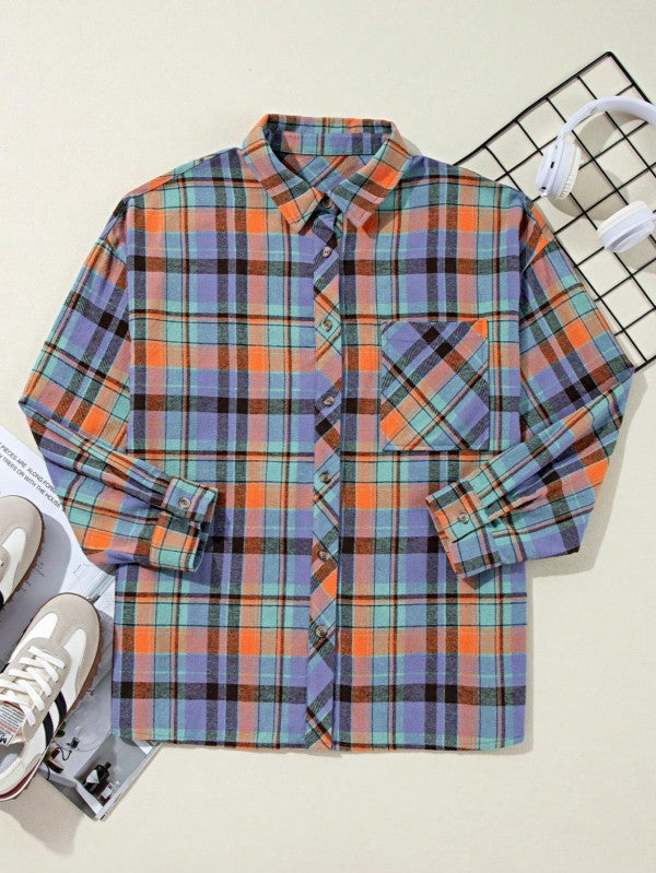 Shophouse Northwest cotton boho plaid shacket in orange teal purple with button front chest pocket