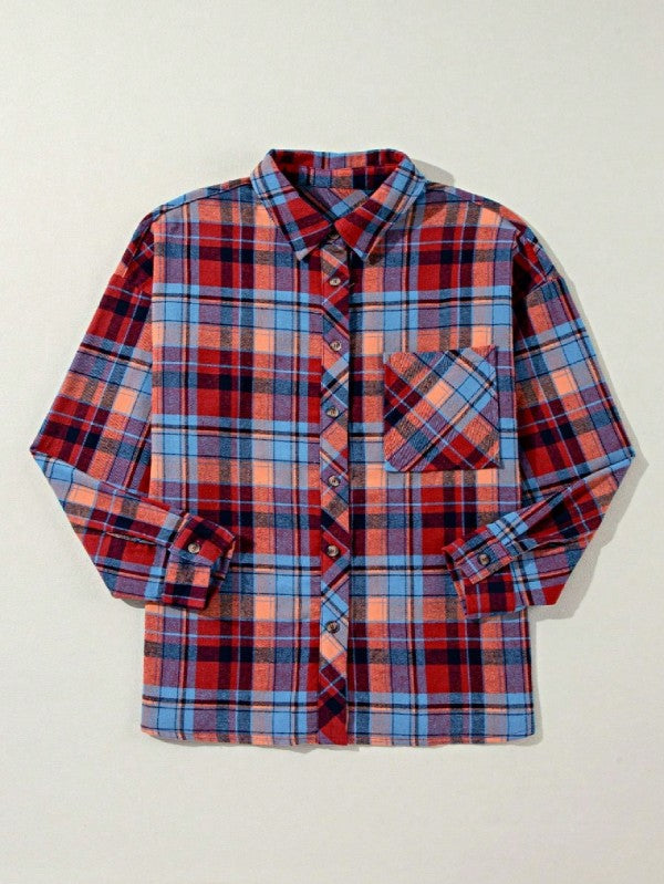 Shophouse Northwest cotton boho plaid shacket red and blue button front long sleeve with chest pocket