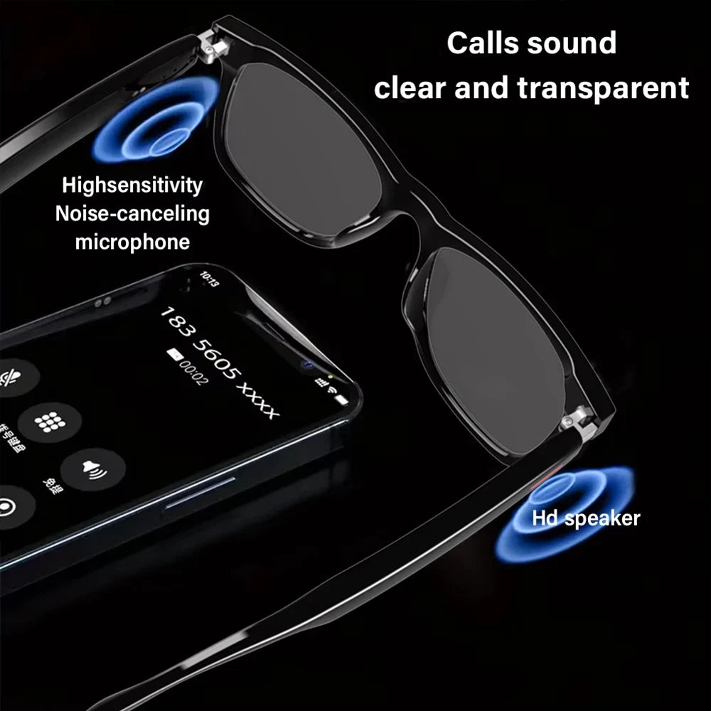Shophouse Northwest smart anti-blue light fashion bluetooth glasses showing call features with HD speaker and noise cancelling mic