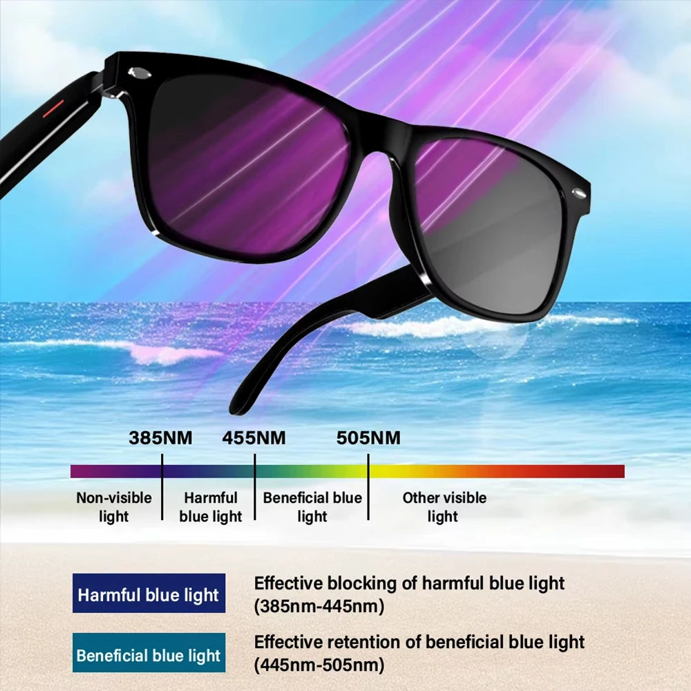 Black wayfarer smart anti-blue light fashion bluetooth glasses showing blue light filter diagram on beach background