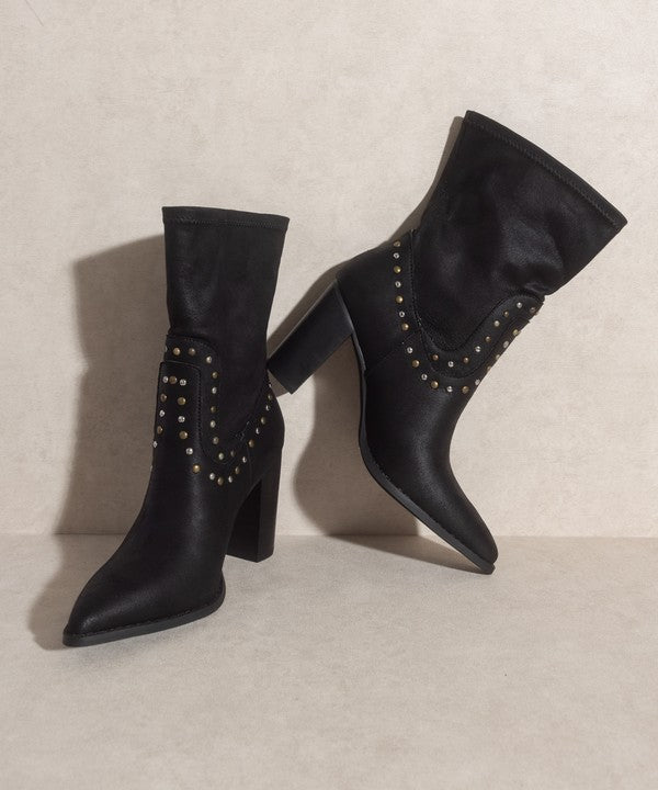 Shophouse Northwest black suede studded mid calf ankle boots with block heel and pointed toe
